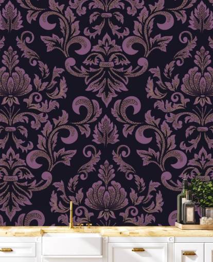 papel pintado damasco morado y negro