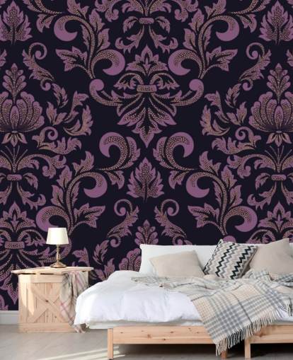 lilla og sort damask tapet