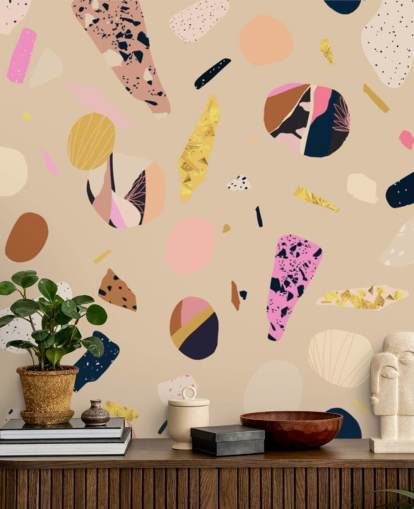 farverig pink, brun terrazzo tapet