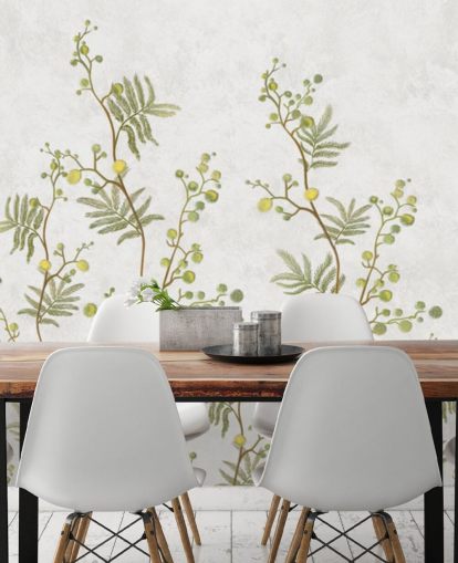 papel pintado de ramas de chinoisiere verde y amarillo