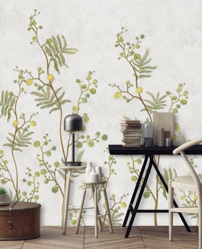 papel pintado de ramas de chinoisiere verde y amarillo