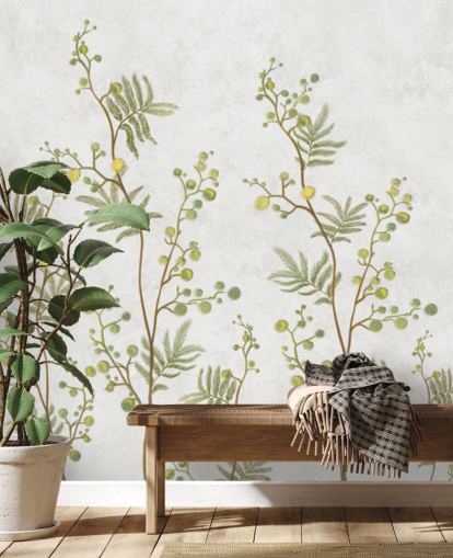 papel pintado de ramas de chinoisiere verde y amarillo