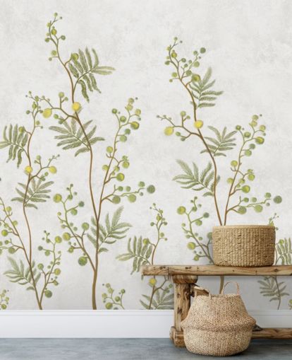 papel pintado de ramas de chinoisiere verde y amarillo