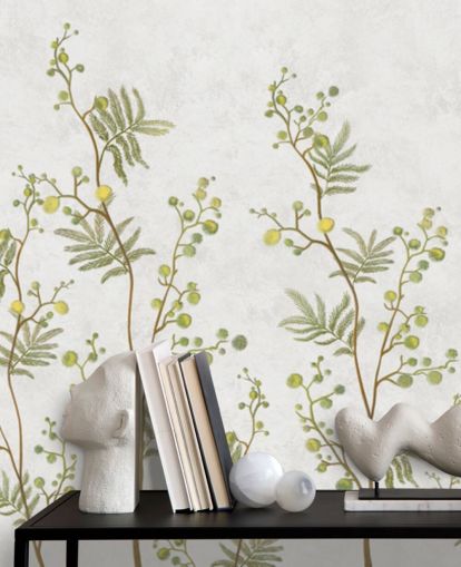 papel pintado de ramas de chinoisiere verde y amarillo