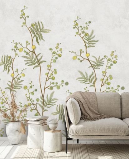 papel pintado de ramas de chinoisiere verde y amarillo