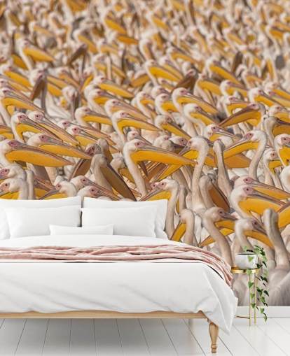 papel pintado pelícanos blancos y amarillos