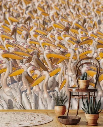 carta da parati pellicani bianchi e gialli