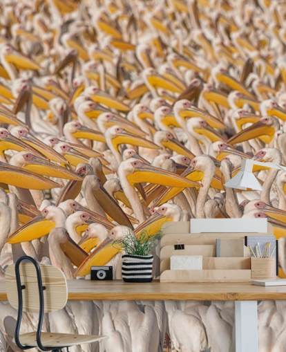 papel pintado pelícanos blancos y amarillos
