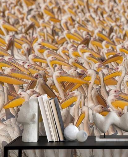papier peint pélicans blancs et jaunes