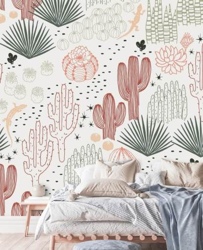 papel pintado de garabatos de cactus verde, blanco y terracota