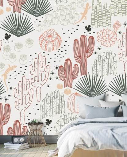 green, white and terracotta cactus doodles wallpaper
