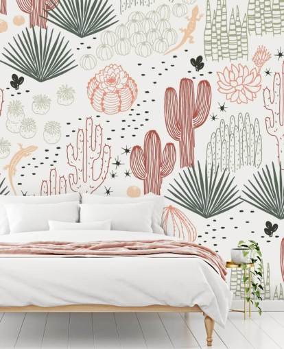 papier peint griffonnages cactus vert, blanc et terre cuite papier peint griffonnages cactus vert, blanc et terre cuite