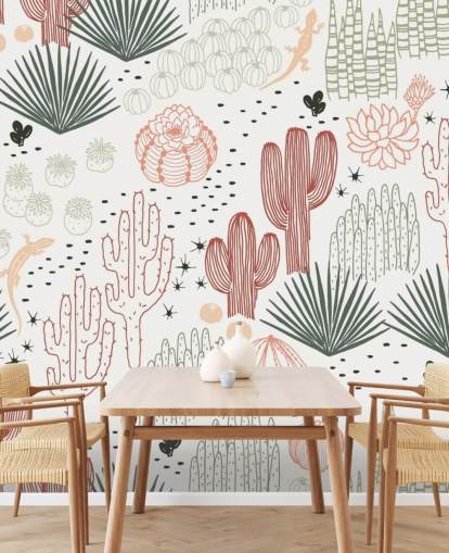 green, white and terracotta cactus doodles wallpaper