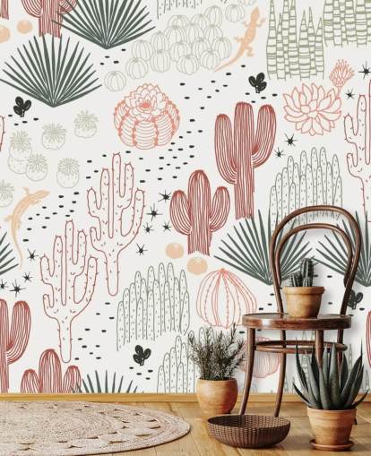 green, white and terracotta cactus doodles wallpaper