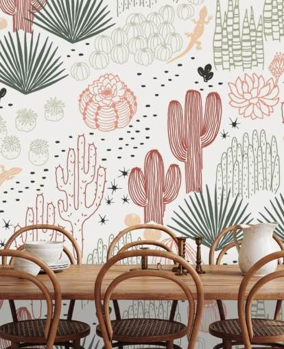 papier peint griffonnages cactus vert, blanc et terre cuite