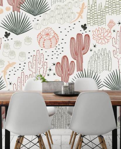 papel pintado de garabatos de cactus verde, blanco y terracota papel pintado de garabatos de cactus verde, blanco y terracota