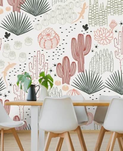 green, white and terracotta cactus doodles wallpaper