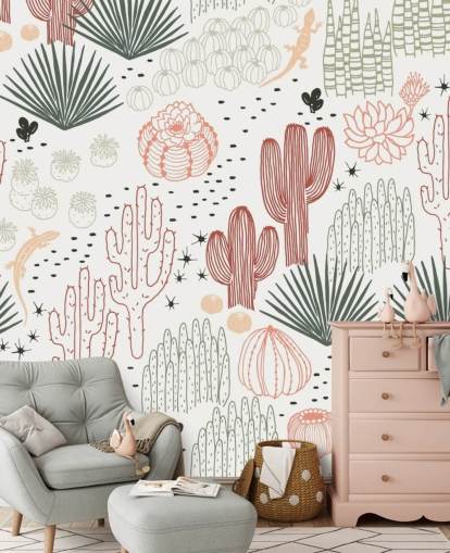 groen, wit en terracotta cactus doodles behang groen, wit en terracotta cactus doodles behang