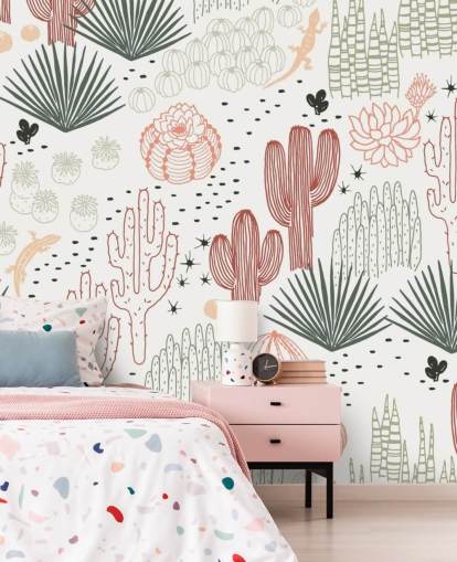 papier peint griffonnages cactus vert, blanc et terre cuite