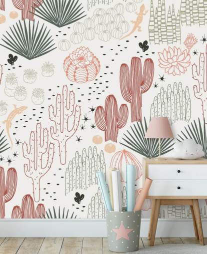 green, white and terracotta cactus doodles wallpaper