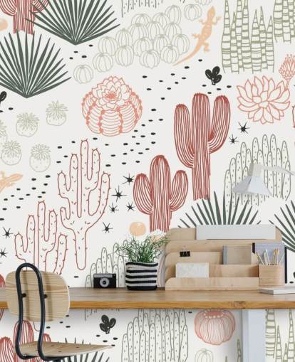 green, white and terracotta cactus doodles wallpaper