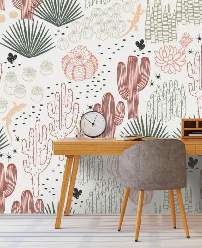 papier peint griffonnages cactus vert, blanc et terre cuite