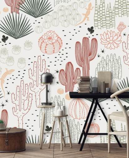 papier peint griffonnages cactus vert, blanc et terre cuite