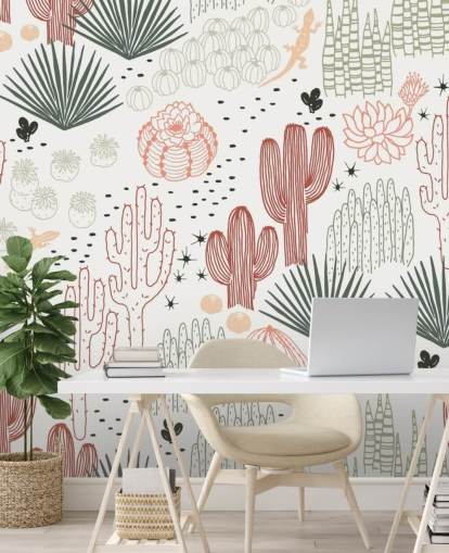 green, white and terracotta cactus doodles wallpaper
