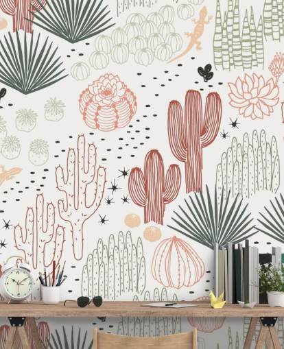 papel pintado de garabatos de cactus verde, blanco y terracota papel pintado de garabatos de cactus verde, blanco y terracota
