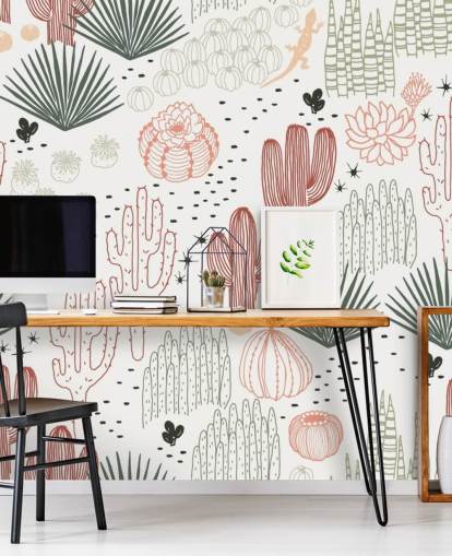 green, white and terracotta cactus doodles wallpaper
