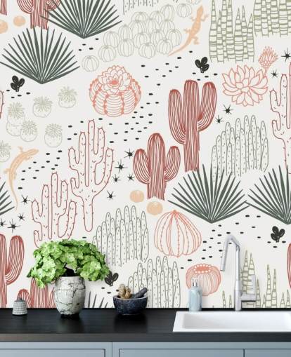 green, white and terracotta cactus doodles wallpaper