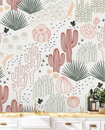 groen, wit en terracotta cactus doodles behang