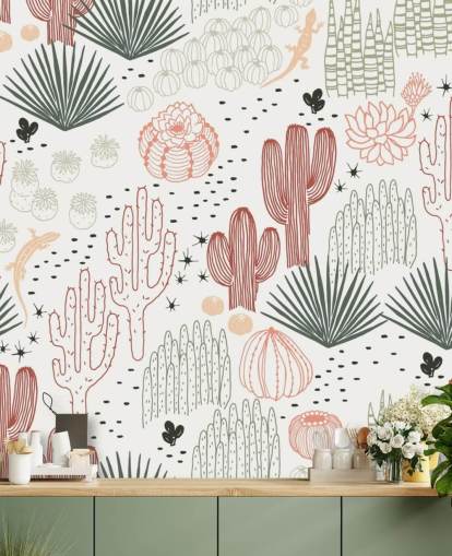 papel pintado de garabatos de cactus verde, blanco y terracota
