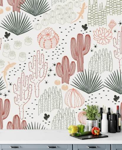papier peint griffonnages cactus vert, blanc et terre cuite