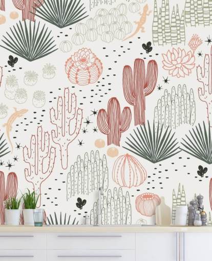 papel pintado de garabatos de cactus verde, blanco y terracota