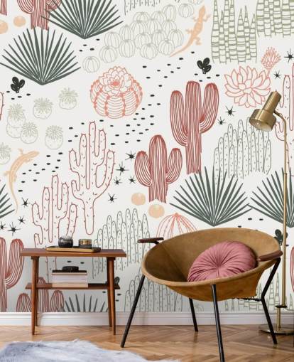 green, white and terracotta cactus doodles wallpaper