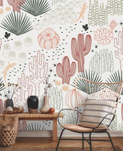 green, white and terracotta cactus doodles wallpaper
