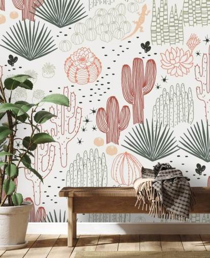 green, white and terracotta cactus doodles wallpaper