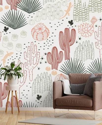 green, white and terracotta cactus doodles wallpaper