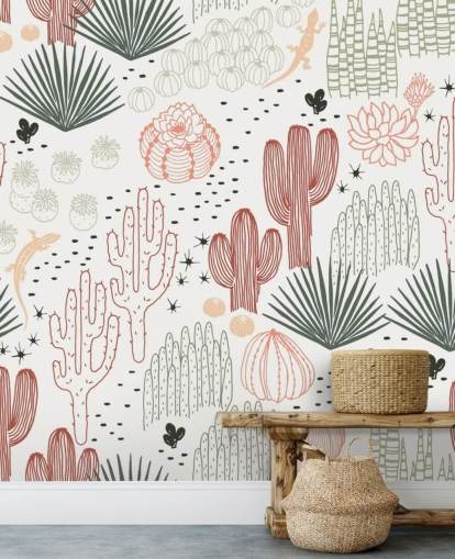 green, white and terracotta cactus doodles wallpaper