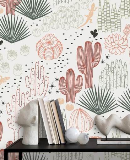 papier peint griffonnages cactus vert, blanc et terre cuite