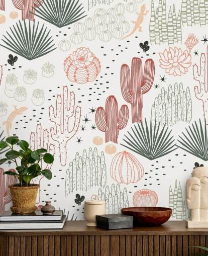 green, white and terracotta cactus doodles wallpaper