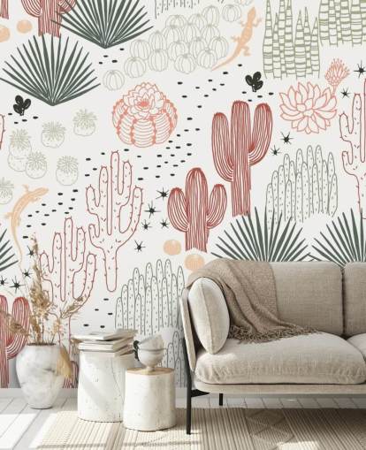 papel pintado de garabatos de cactus verde, blanco y terracota