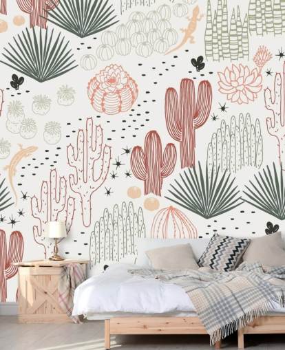 papel pintado de garabatos de cactus verde, blanco y terracota
