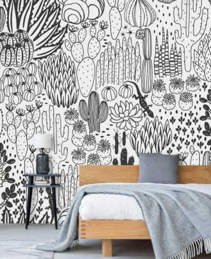 black and white cactus doodles wallpaper