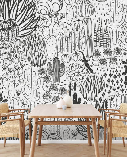 black and white cactus doodles wallpaper