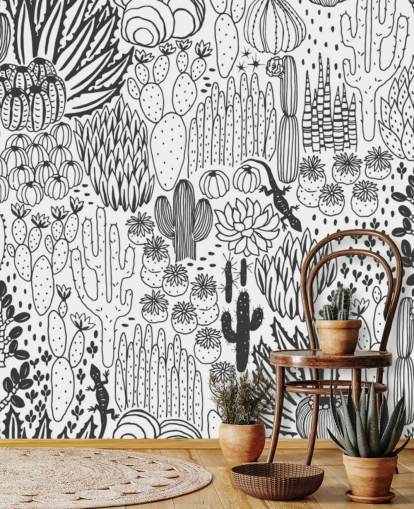 papier peint de griffonnages de cactus noir et blanc