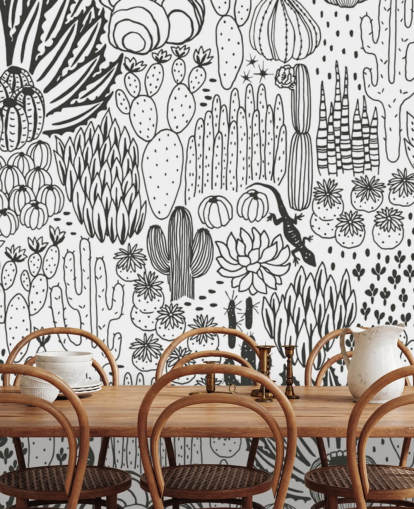 papier peint de griffonnages de cactus noir et blanc