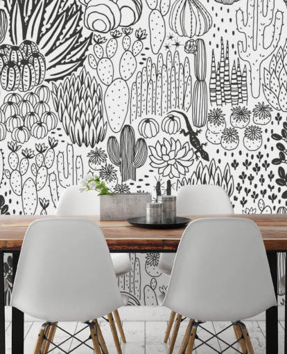black and white cactus doodles wallpaper