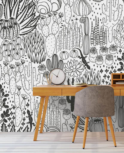 papier peint de griffonnages de cactus noir et blanc papier peint de griffonnages de cactus noir et blanc
